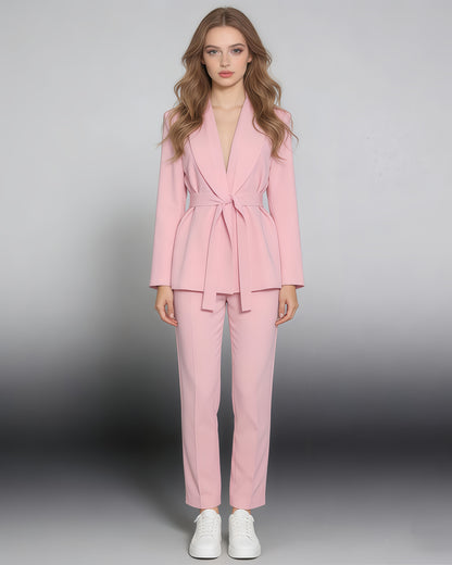 Pink Belted Solid Lapel Peplum Blazer
