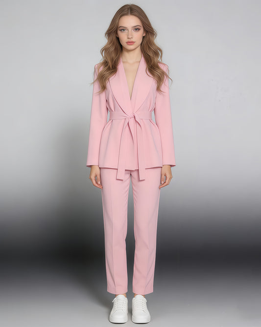 Pink Belted Solid Lapel Peplum Blazer