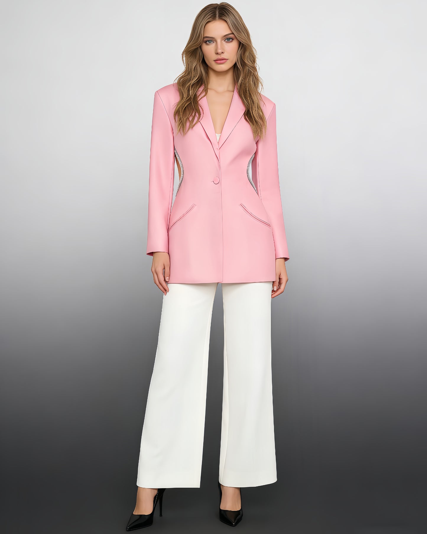 Pink Blazer with Crystal-Trimmed Cutout Back