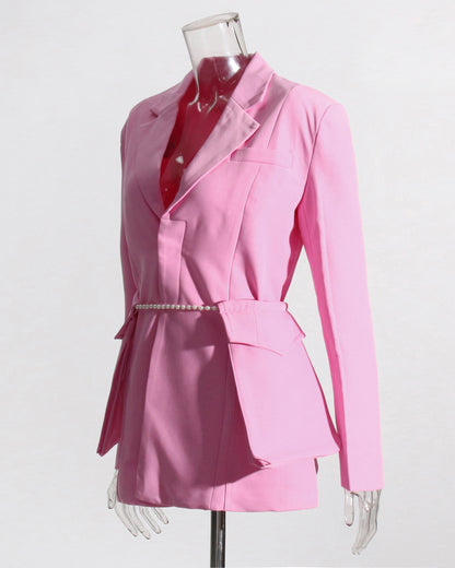 Pink Blazer with Pearl Belt & Pleated Waist