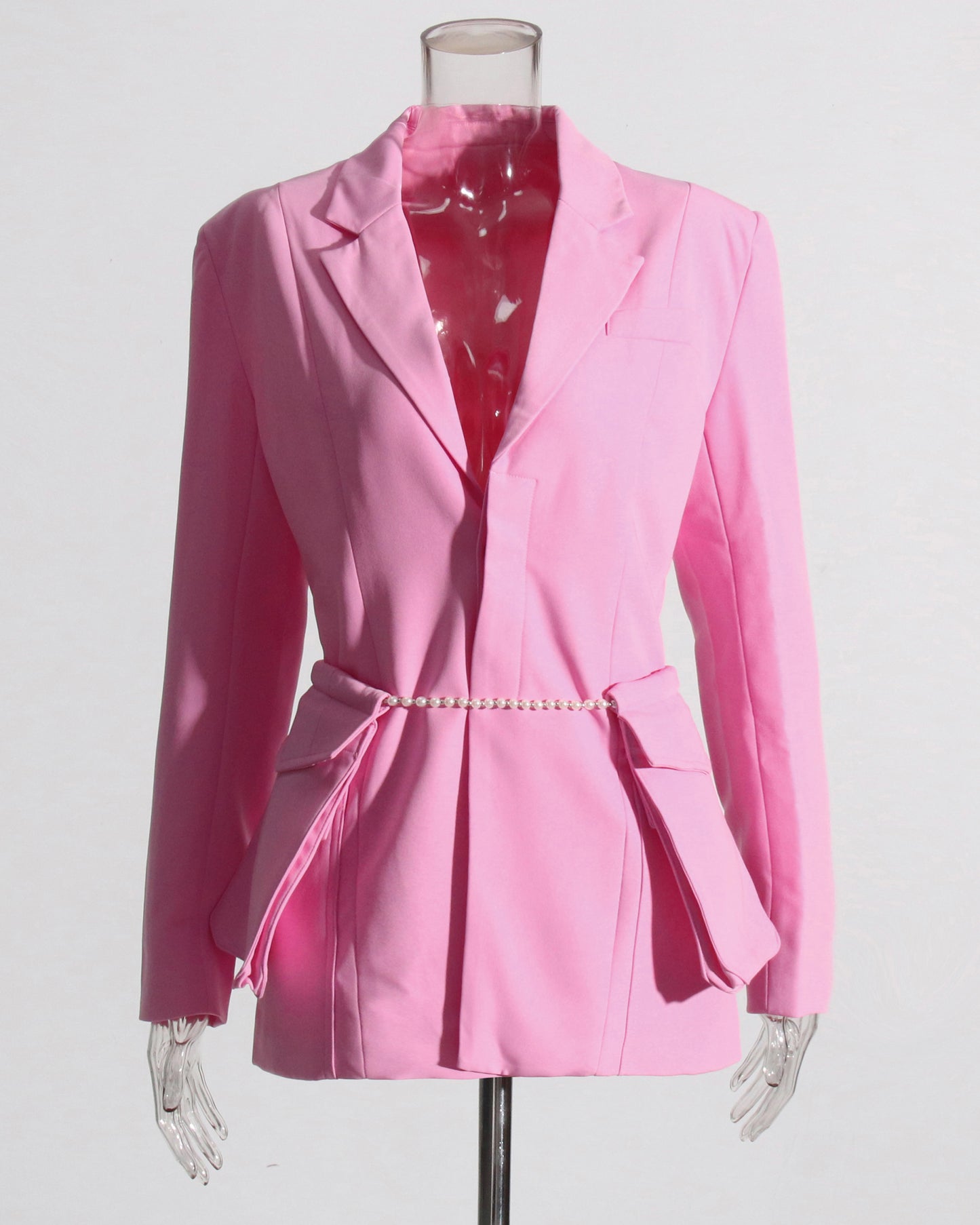 Pink Blazer with Pearl Belt & Pleated Waist