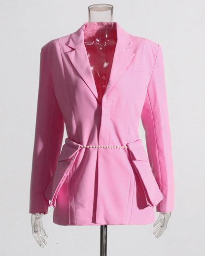 Pink Blazer with Pearl Belt & Pleated Waist