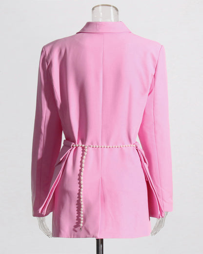 Pink Blazer with Pearl Belt & Pleated Waist