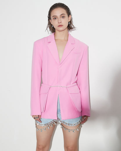 Pink Blazer with Pearl Belt & Pleated Waist