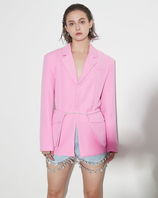 Pink Blazer with Pearl Belt & Pleated Waist