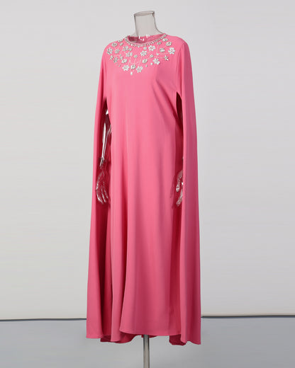 Pink Cape Gown with Embellished Neckline