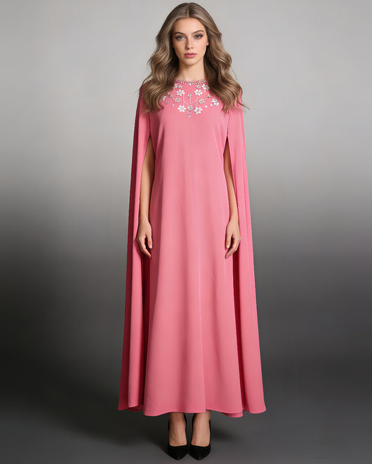 Pink Cape Gown with Embellished Neckline