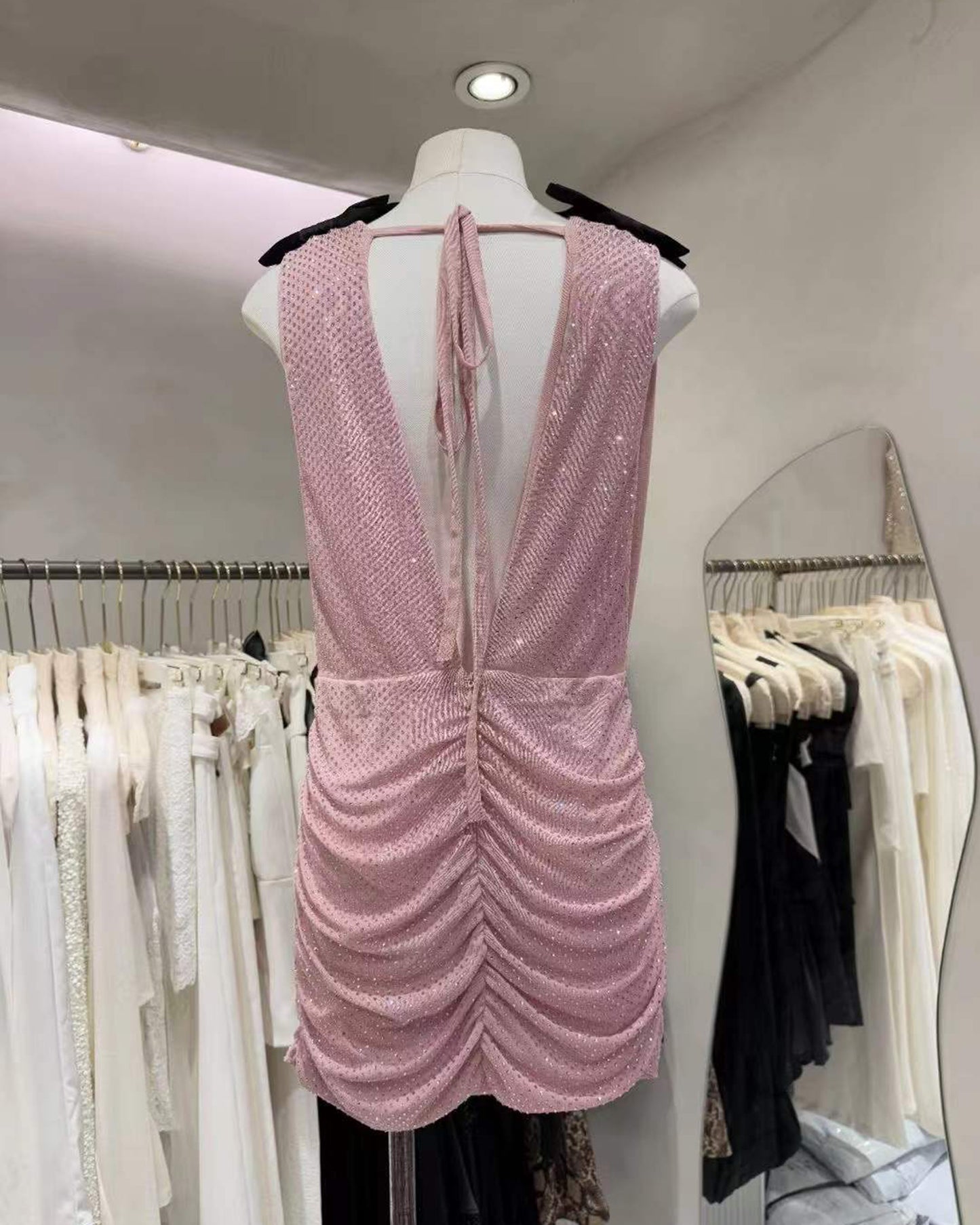 Pink Cowl Neck Rhinestone Bow Ruched Mini Dress