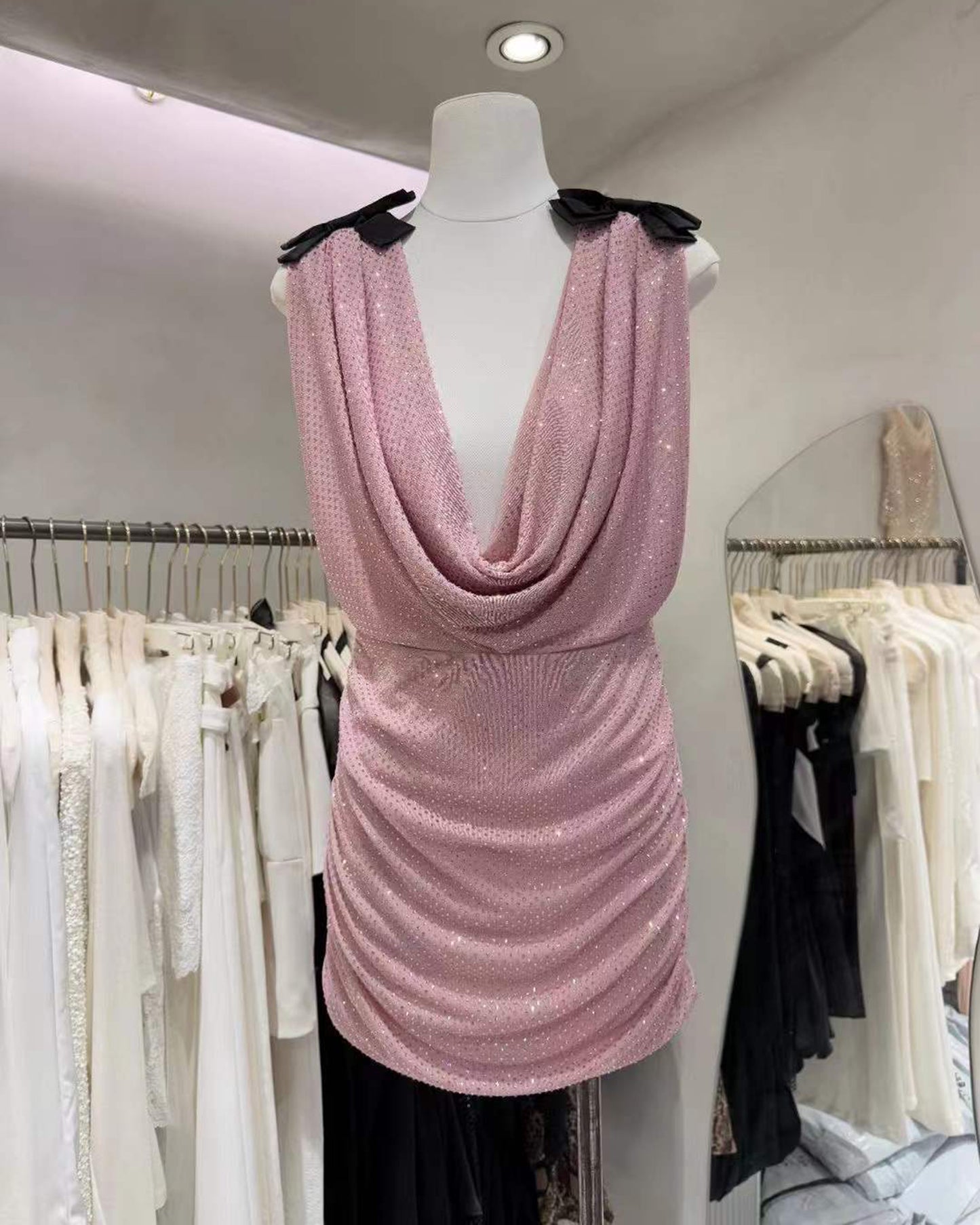 Pink Cowl Neck Rhinestone Bow Ruched Mini Dress