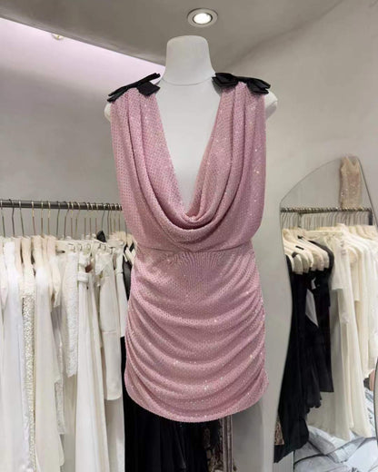 Pink Cowl Neck Rhinestone Bow Ruched Mini Dress
