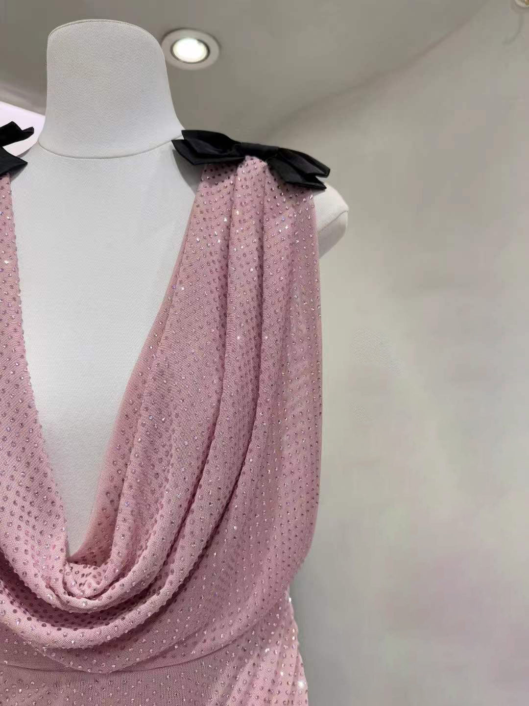 Pink Cowl Neck Rhinestone Bow Ruched Mini Dress