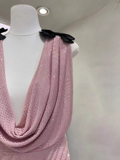 Pink Cowl Neck Rhinestone Bow Ruched Mini Dress