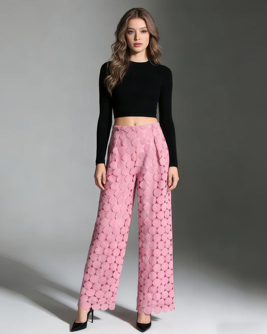 Pink Cutout Circle Wide-Leg Pants
