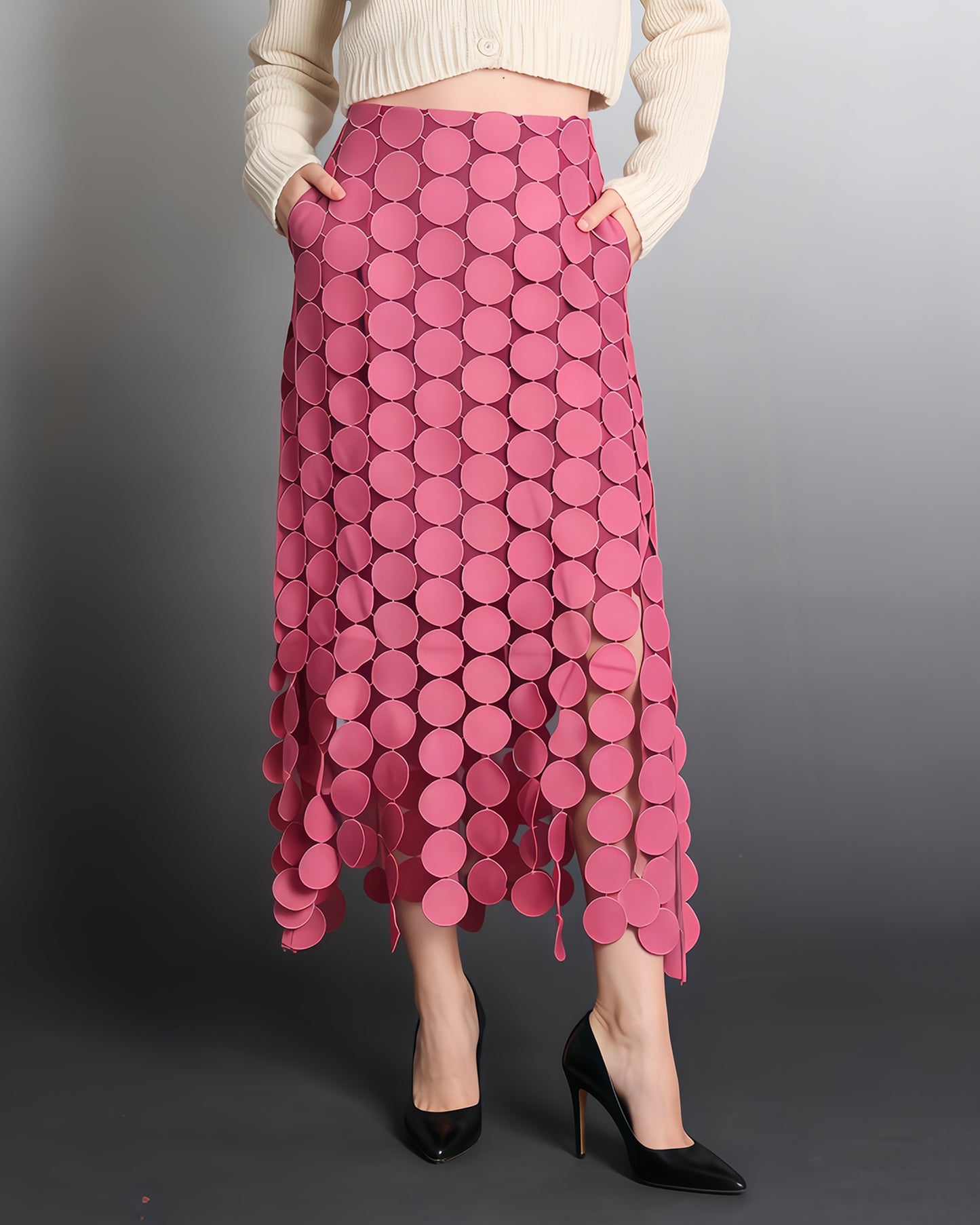 Pink Disc-Embellished Fringe Midi Skirt