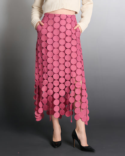 Pink Disc-Embellished Fringe Midi Skirt