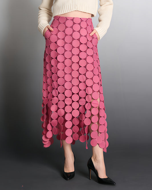 Pink Disc-Embellished Fringe Midi Skirt