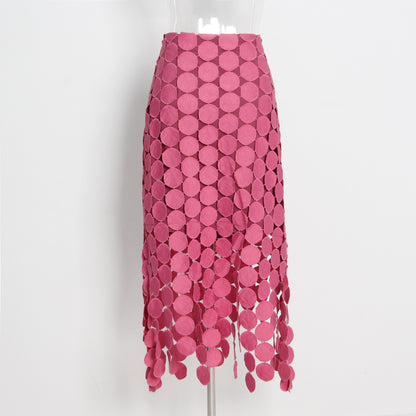 Pink Disc-Embellished Fringe Midi Skirt