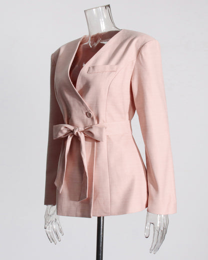 Pink Double-Breasted Blazer with Bow Belt