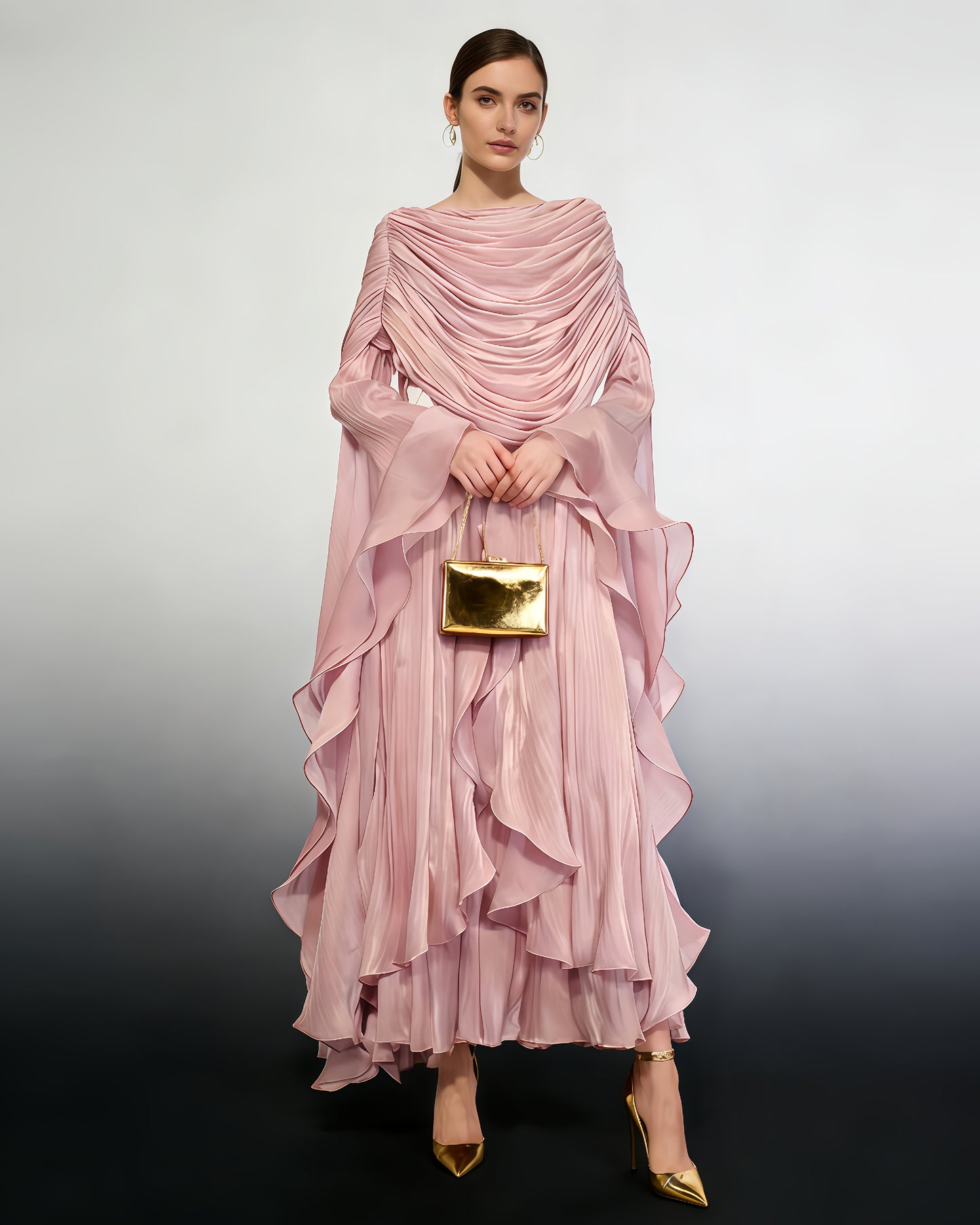 Pink Draped Ruffled Asymmetrical Maxi Gown