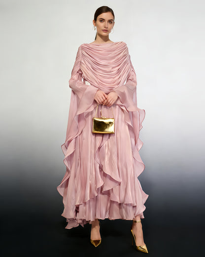 Pink Draped Ruffled Asymmetrical Maxi Gown