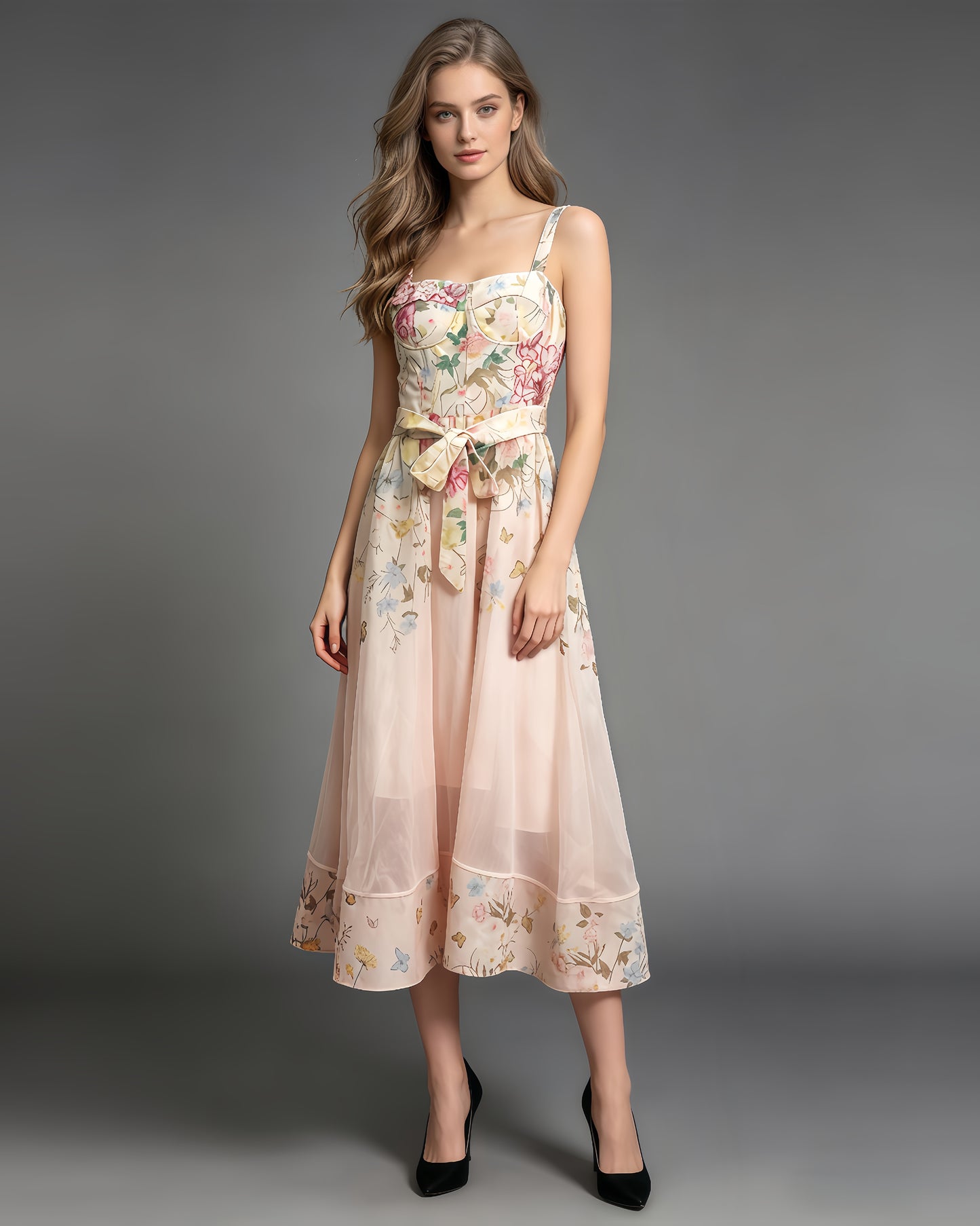 Pink Floral 3D Appliqué Corset Midi Dress