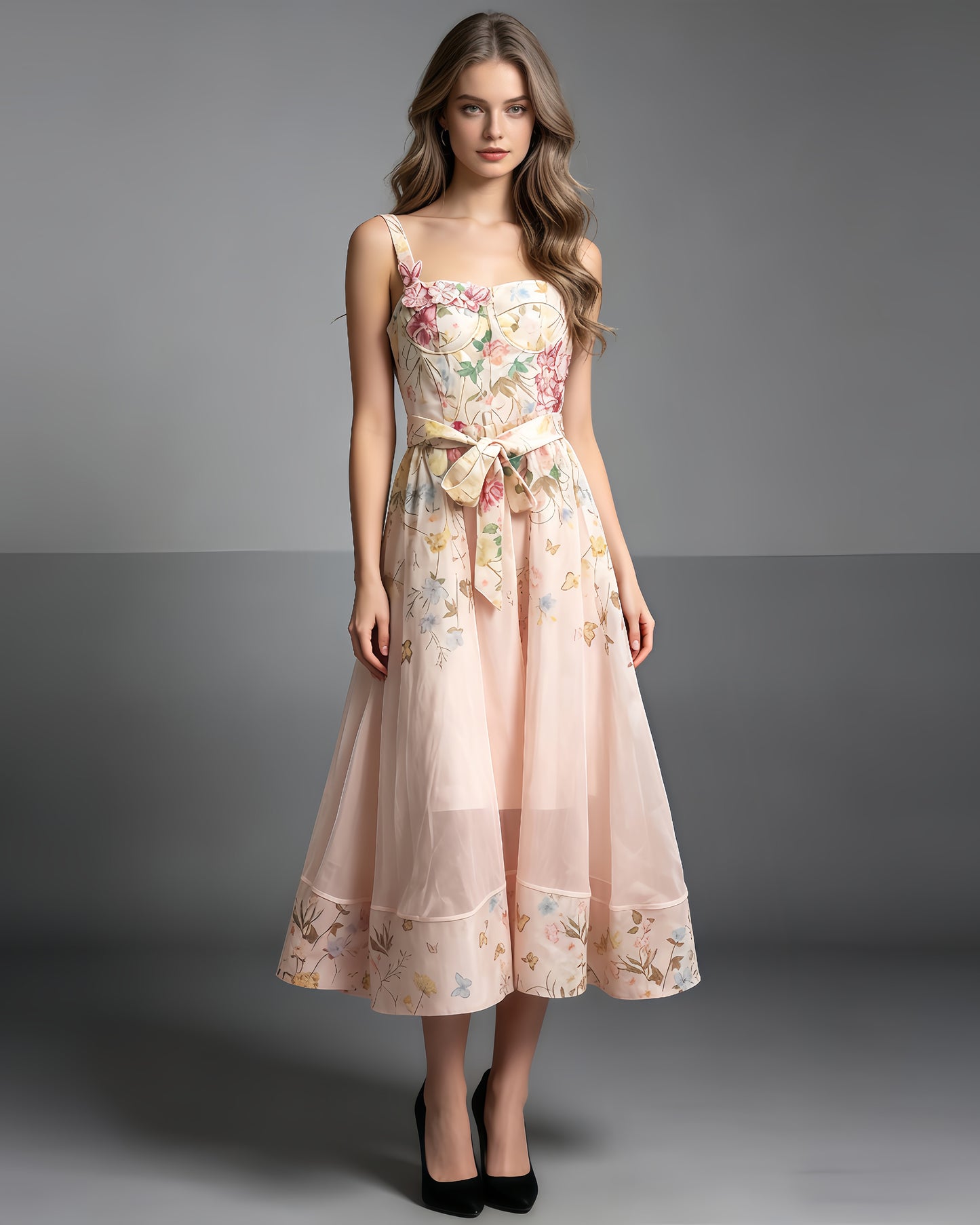 Pink Floral 3D Appliqué Corset Midi Dress