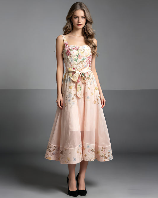 Pink Floral 3D Appliqué Corset Midi Dress