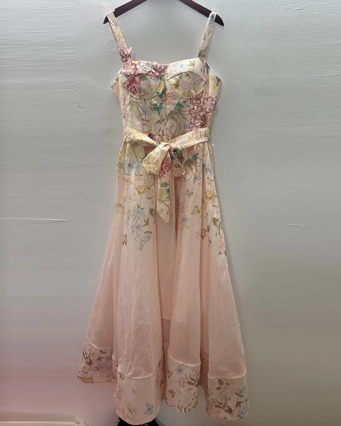 Pink Floral 3D Appliqué Corset Midi Dress