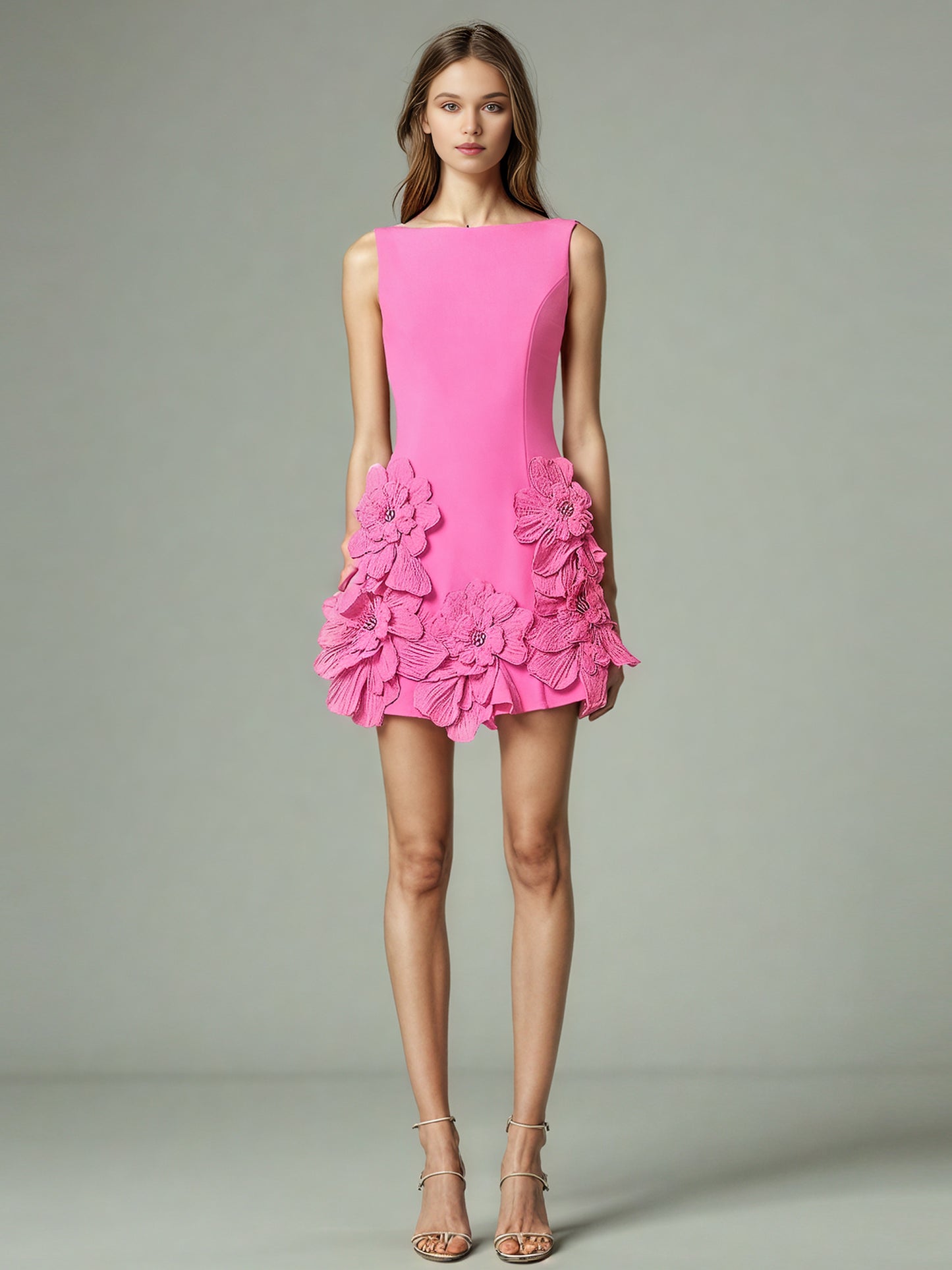 Pink Floral Appliqué Sleeveless Mini Dress