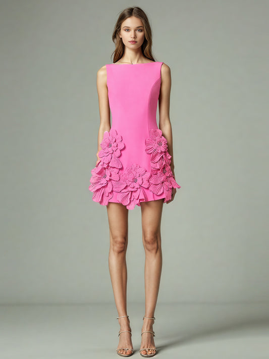 Pink Floral Appliqué Sleeveless Mini Dress