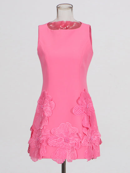 Pink Floral Appliqué Sleeveless Mini Dress