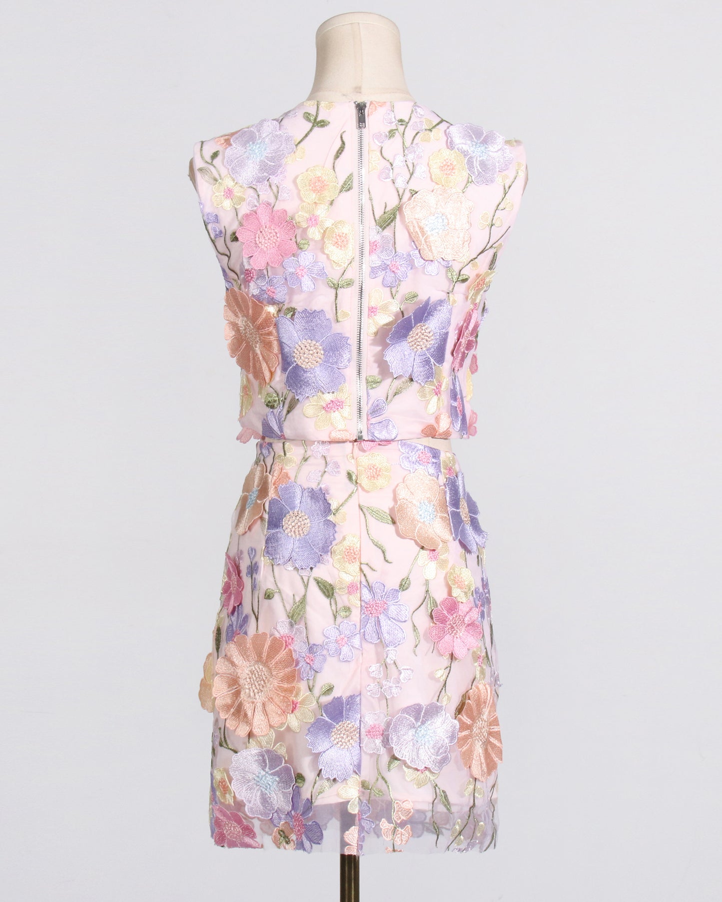 Pink Floral Embroidered Crop Top & Skirt Set