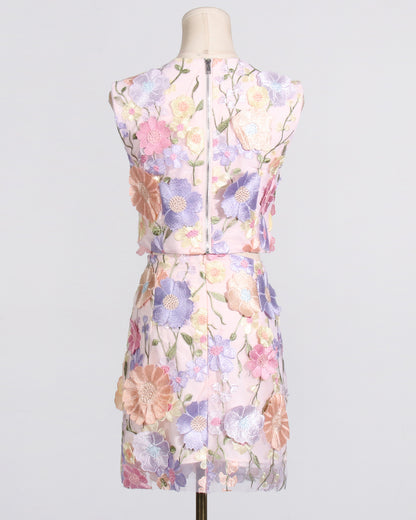 Pink Floral Embroidered Crop Top & Skirt Set