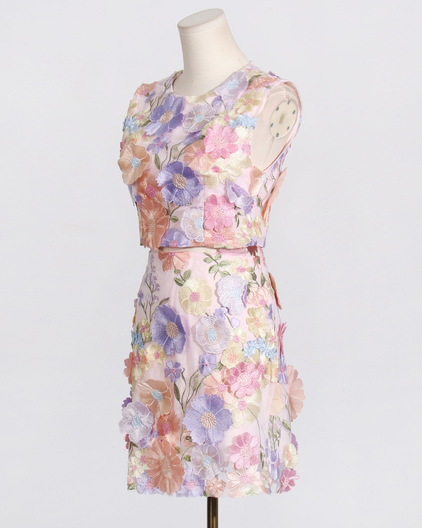 Pink Floral Embroidered Crop Top & Skirt Set