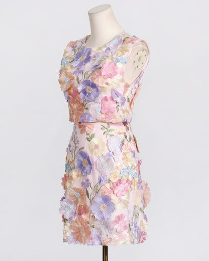 Pink Floral Embroidered Crop Top & Skirt Set