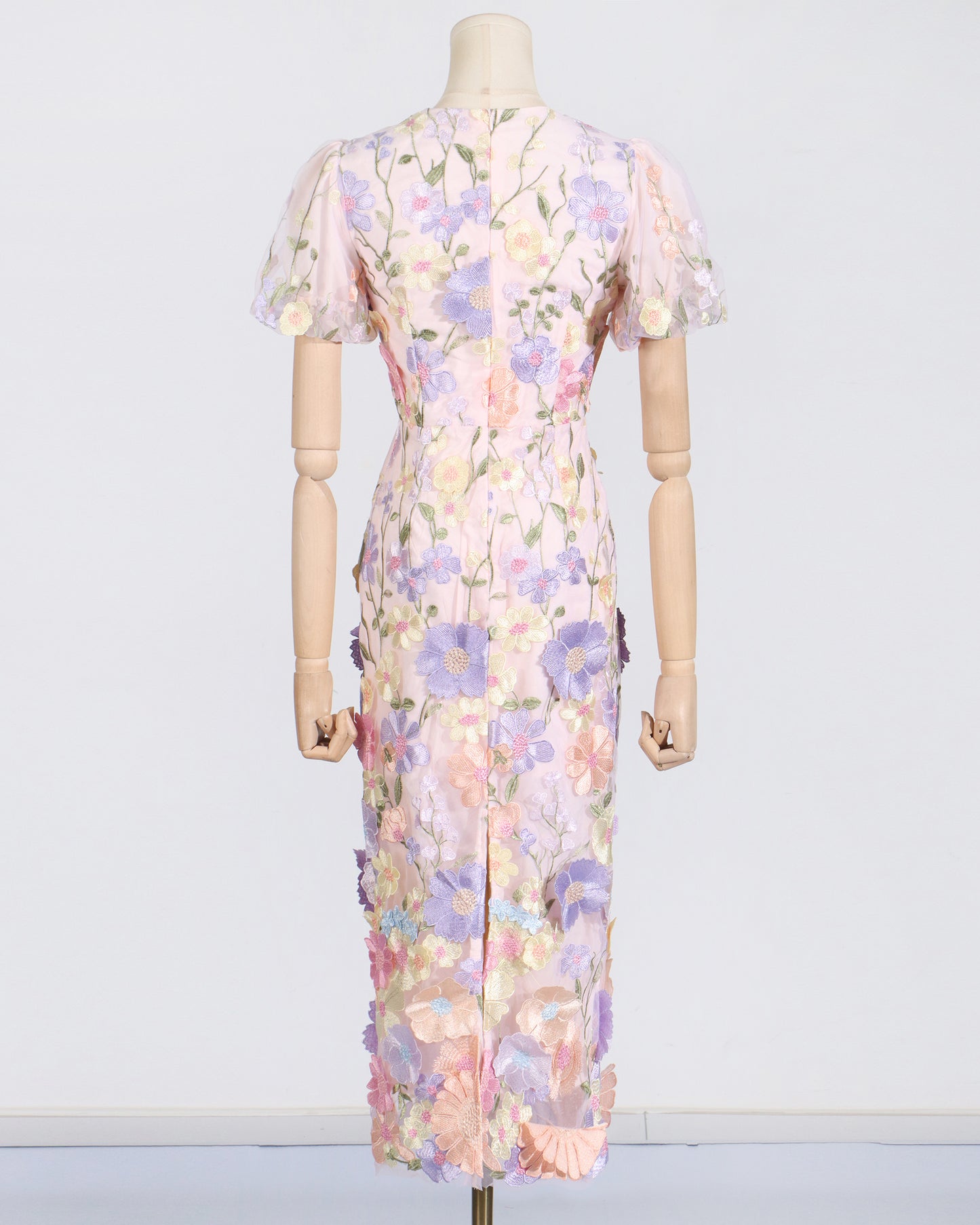 Pink Floral Embroidered Puff Sleeve Midi Dress