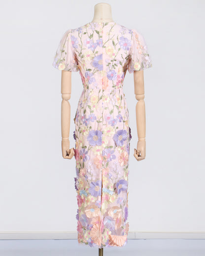 Pink Floral Embroidered Puff Sleeve Midi Dress