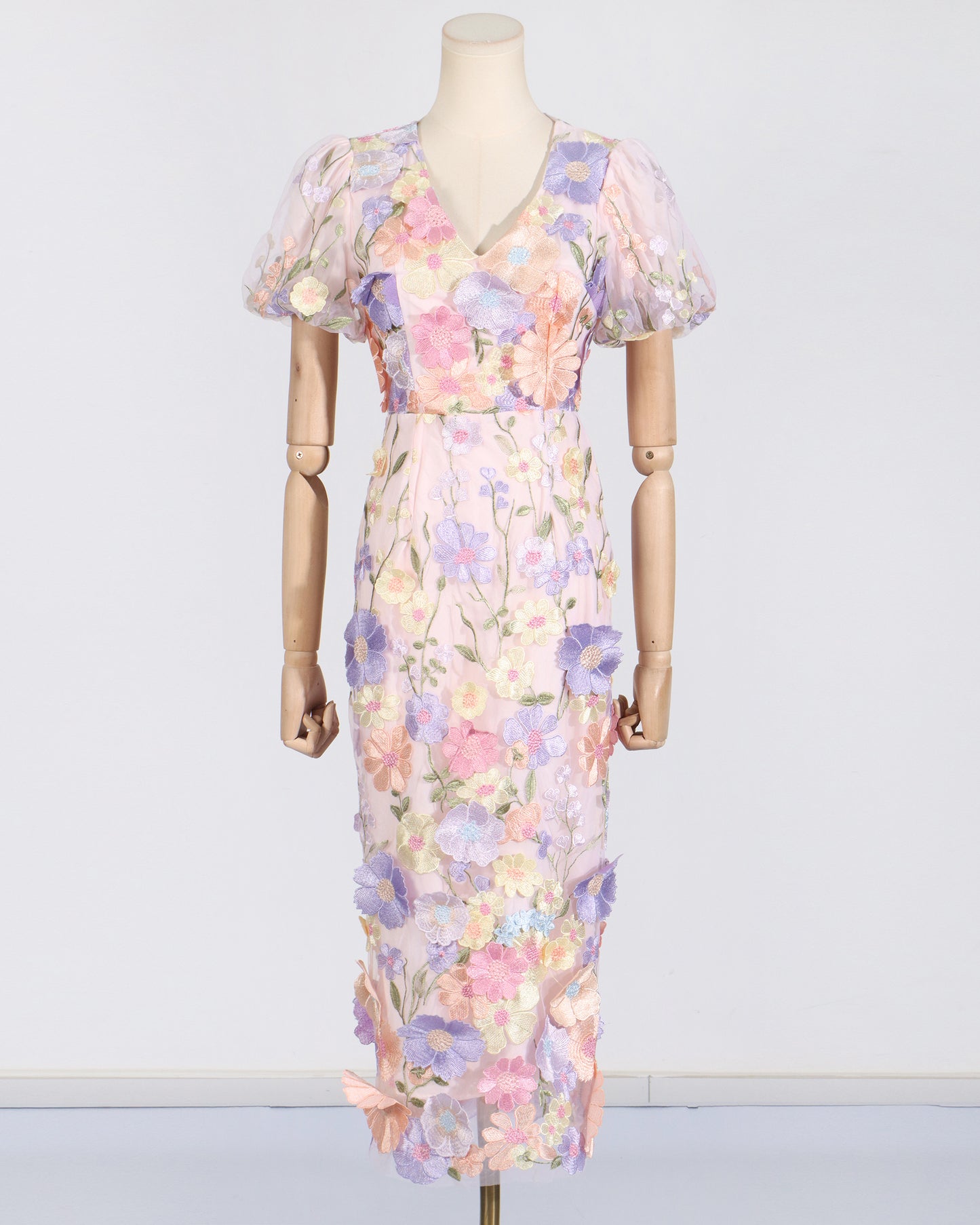 Pink Floral Embroidered Puff Sleeve Midi Dress