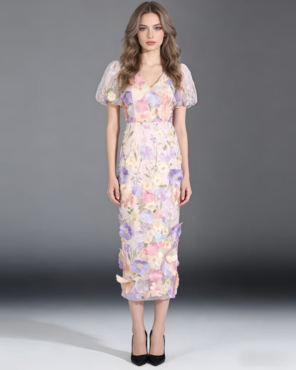 Pink Floral Embroidered Puff Sleeve Midi Dress