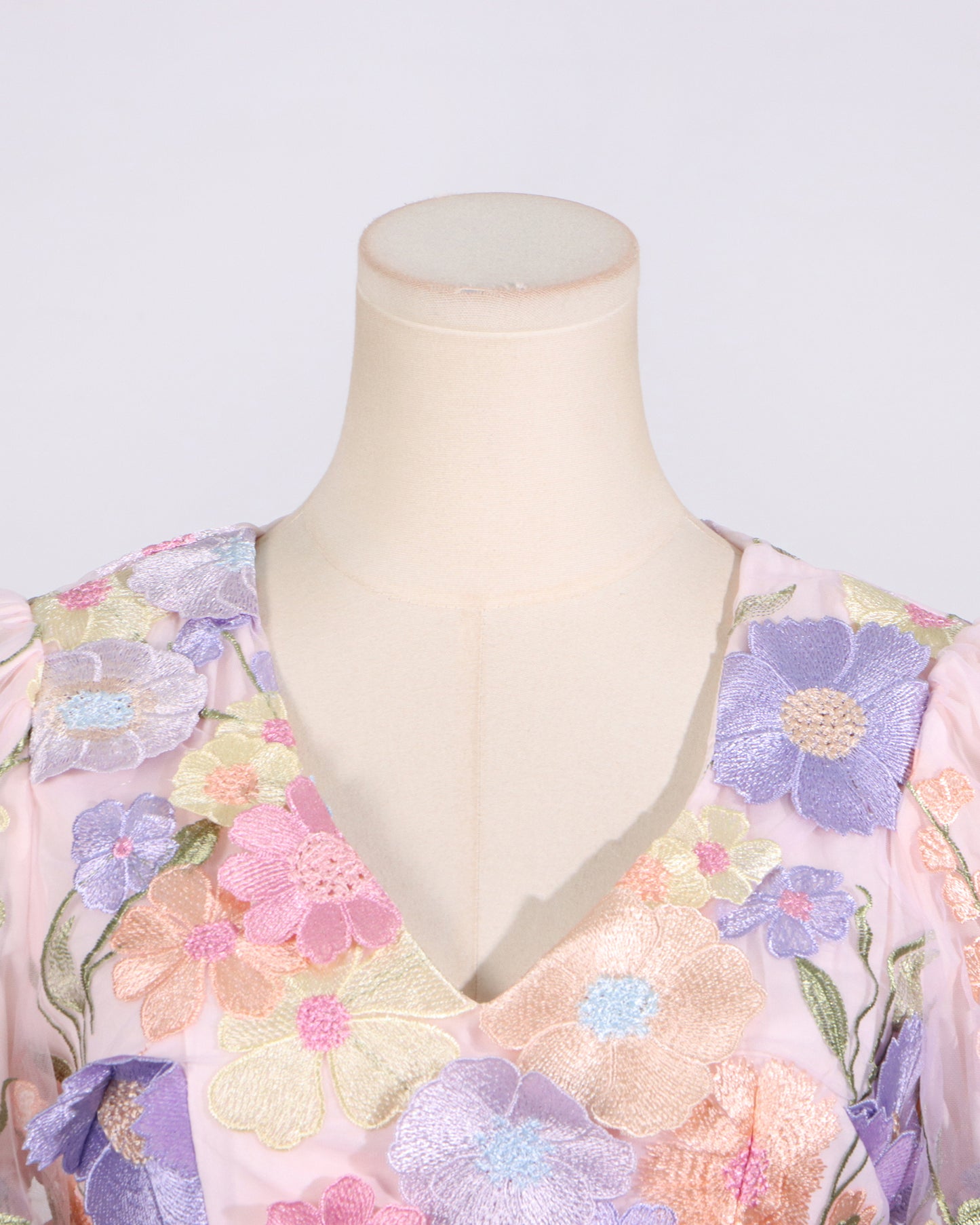 Pink Floral Embroidered Puff Sleeve Midi Dress