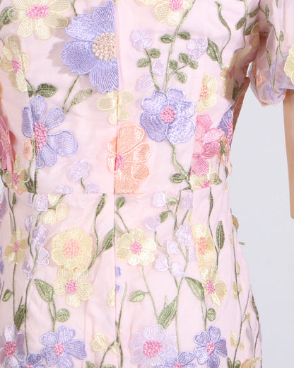 Pink Floral Embroidered Puff Sleeve Midi Dress