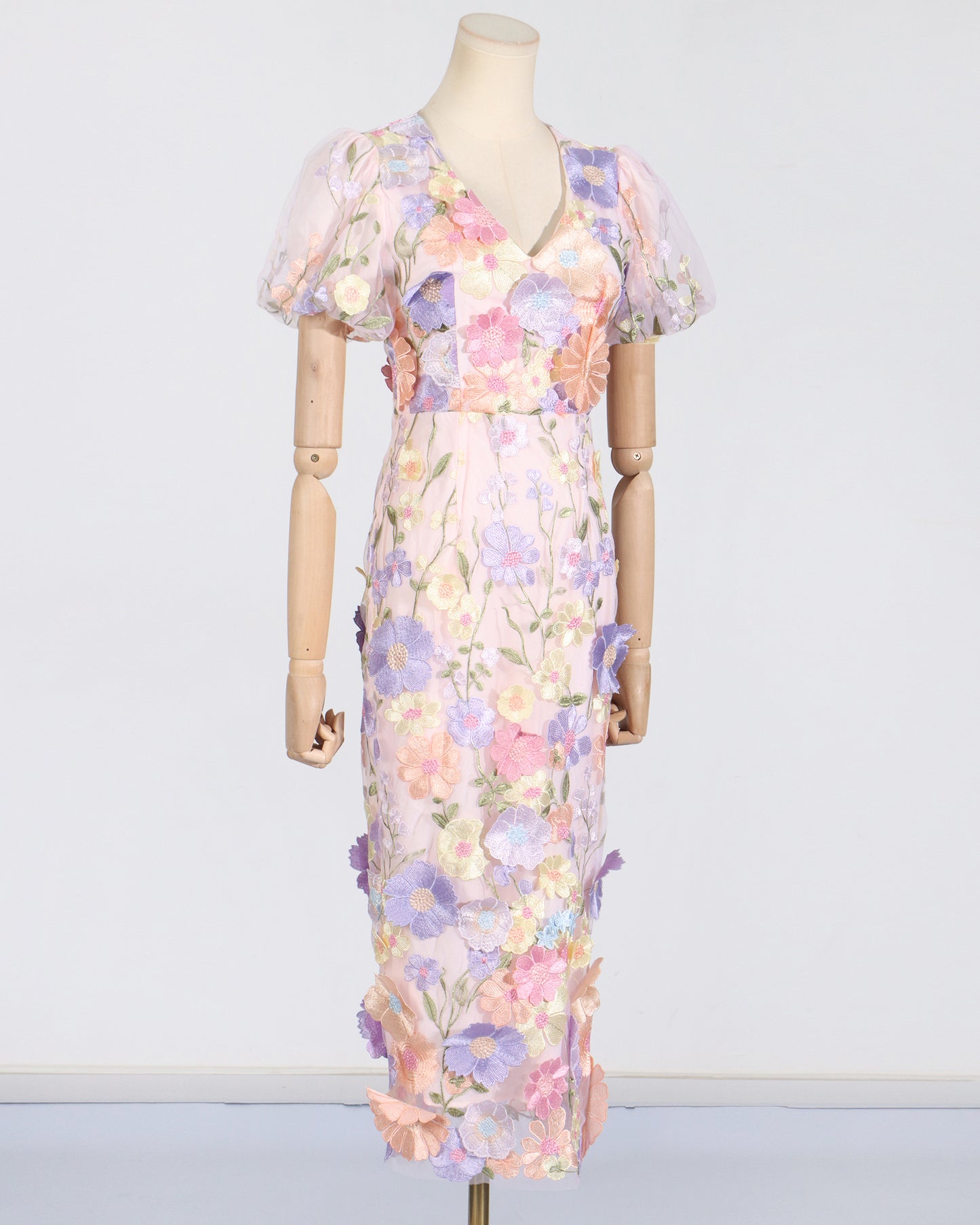 Pink Floral Embroidered Puff Sleeve Midi Dress