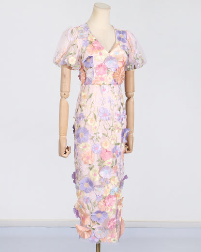 Pink Floral Embroidered Puff Sleeve Midi Dress