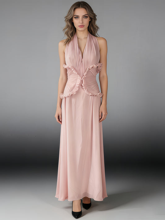 Pink Halter Gown with Ruffle Accents & Ruched Waist