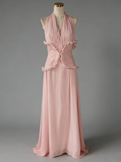 Pink Halter Gown with Ruffle Accents & Ruched Waist