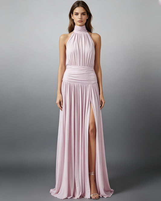 Pink Halter High Neck Ruched Slit Maxi Dress
