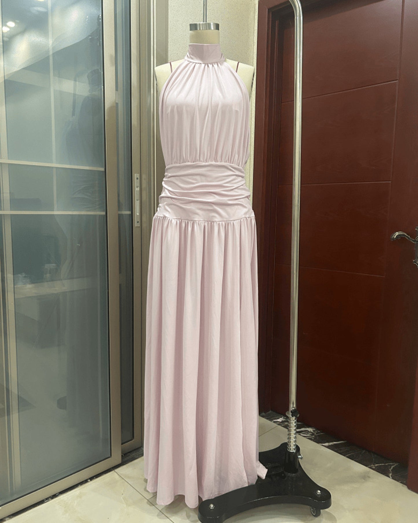 Pink Halter High Neck Ruched Slit Maxi Dress