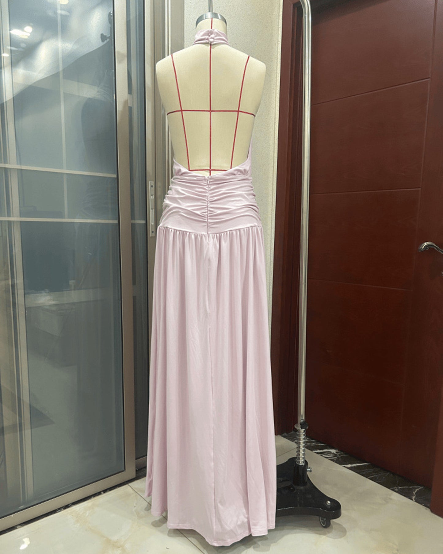 Pink Halter High Neck Ruched Slit Maxi Dress