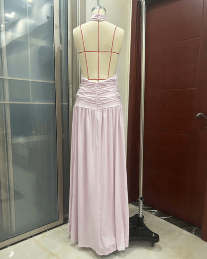 Pink Halter High Neck Ruched Slit Maxi Dress