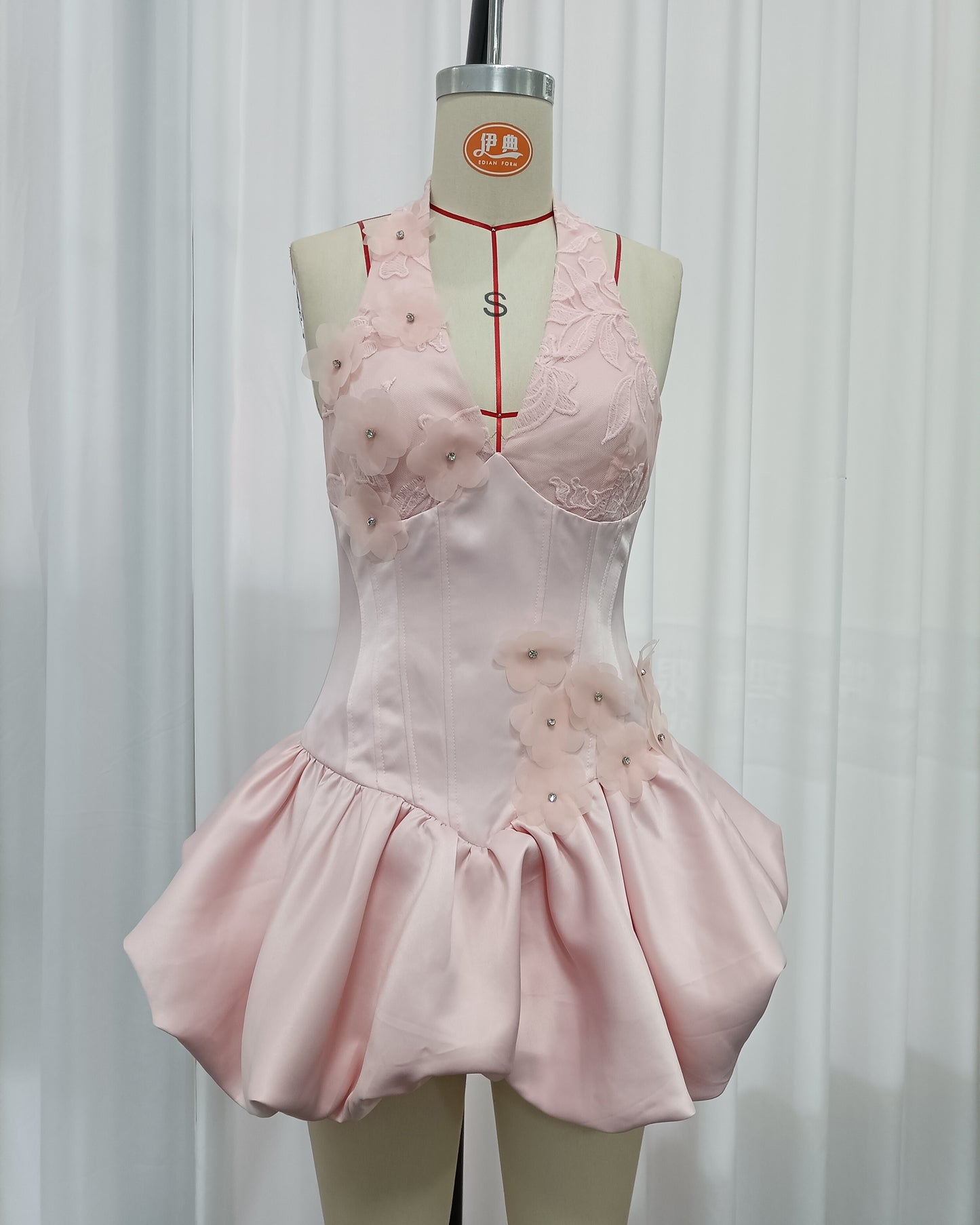 Pink Halter Lace Corset Bubble Mini Dress